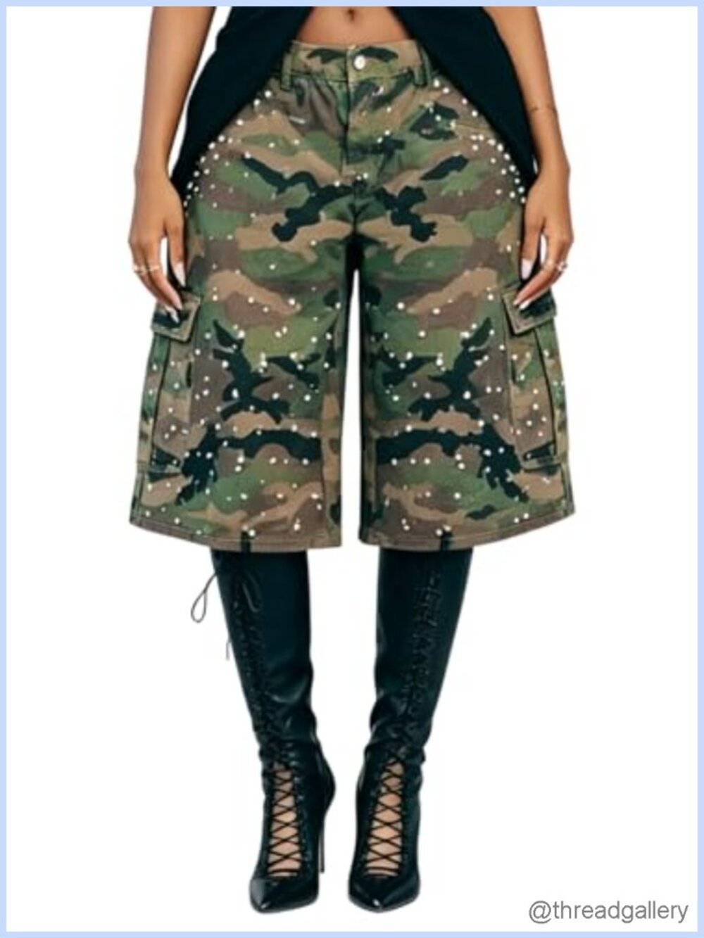 High Waisted Camo Denim Cargo Bermuda Shorts Pearl Beaded Y2K